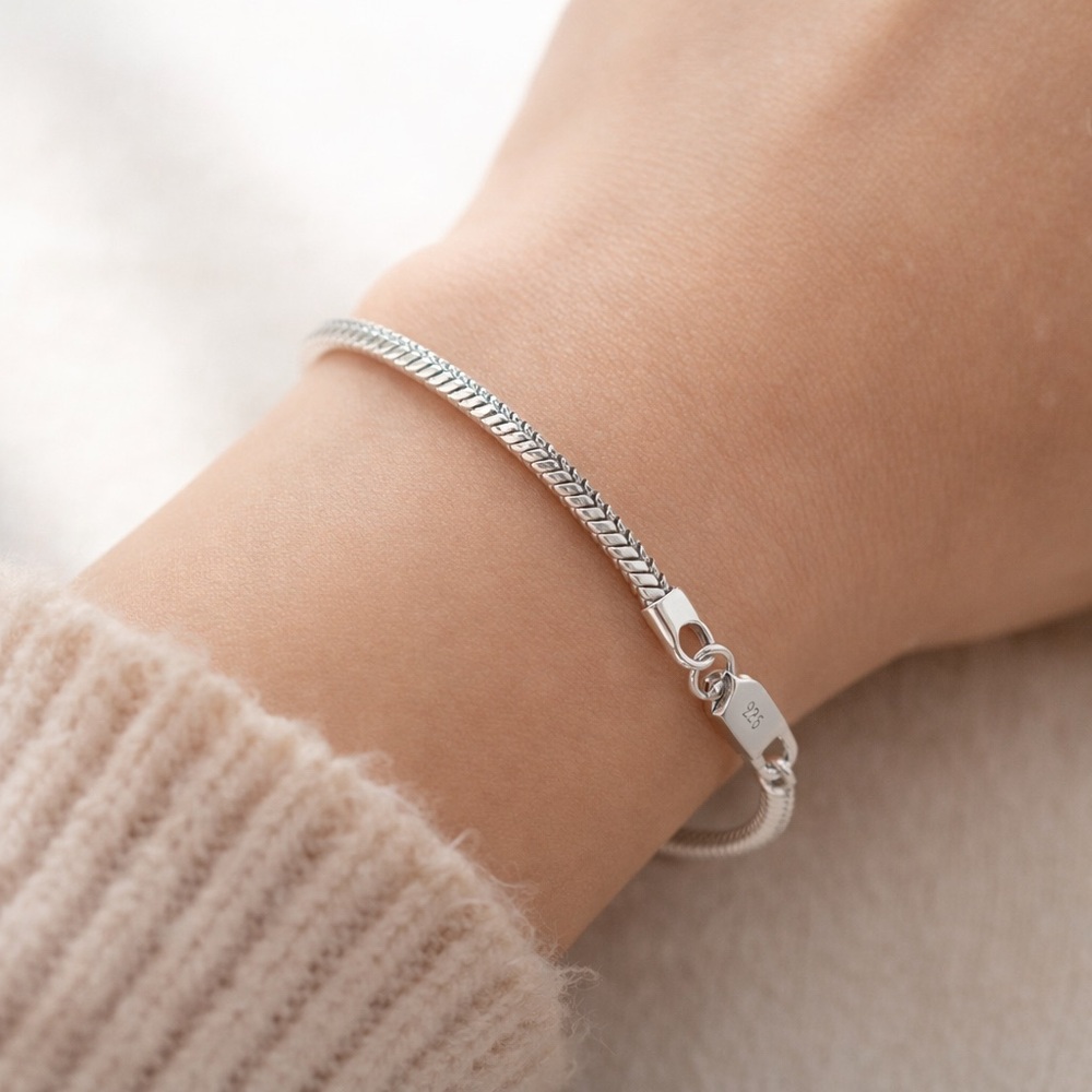 925 Sterling Silver Snake Chain Bracelet | Minimalist Elegant Jewelry - Picture 3 of 6